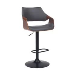Aspen Adjustable Swivel Grey Faux Leather And Walnut Wood Bar Stool With Black Base