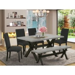 Dining Room Set - A Rectangular Table And Upholstered Dining Chairs - Cement And Black Finish (Pieces Options) - X696DR124-5 -Gourmet Interiors db96b4b3 8ce8 4b6a 80f4 c5138647836d