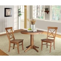 36" Round Solid Wood Extension Dining Table With 2 X-Back Dining Chairs - N/A - Hickory/Washed Coal -Gourmet Interiors dbf6d5e6 39e8 49a7 b43a 343d9f88a2bf