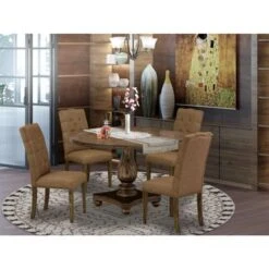 Dining Table Set Includes A Modern Kitchen Table And Brown Linen Fabric Dining Chairs - Distressed Jacobean (Pieces Option) - I2EL5-718