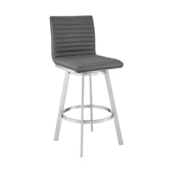 Jermaine 30" Bar Swivel Bar Stool In Brushed Stainless Steel Finish And Gray Faux Leather