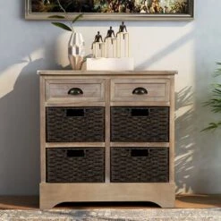 Rustic Storage Cabinet With Two Drawers And Four Classic Rattan Basket - N/A - White Washed -Gourmet Interiors dc774ca5 2391 4c01 ab83 fa62e9efd79a
