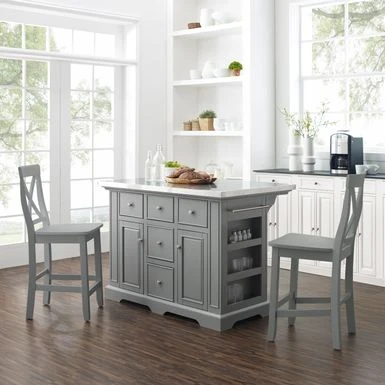 Julia Stainless Steel Top Island W/X-Back Stools - 50 "W X60 "D X41 "H - With Seating - Gray - Stainless Steel 3 Julia Stainless Steel Top Island W/X-Back Stools - 50 "W X60 "D X41 "H - With Seating - Gray - Stainless Steel