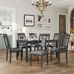 Clihome 7-Pcs Farmhouse Rustic Wooden Dining Table Set - Grey