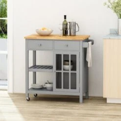 Byway Contemporary Kitchen Cart With Wheels By Christopher Knight Home - Black + Natural -Gourmet Interiors e40fd4e3 2358 4b3a 9233 45309dc62b48