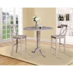 42 In. Round Dual Drop Leaf Bar Height Dining Table With 2 X-back Stools - 3 Piece Set - Washed Gray Taupe -Gourmet Interiors e4438292 0b63 4da7 812b 6c18fbd65769