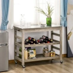 HOMCOM Kitchen Cart Rolling Kitchen Island Utility Trolley With Stainless Steel Top & Storage Wine Rack - 42.5"W X 19"D X 35"H - Kitchen Cart - Grey -Gourmet Interiors e578bede 78f0 4f30 abf0 86a66d6f2df3