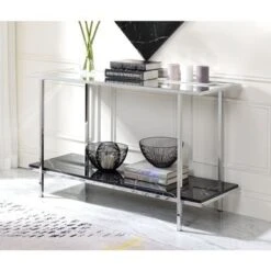 Console Table, Mirrored, Faux Marble & Chrome - Black
