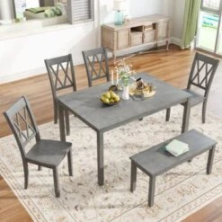 Oaks Aura Rustic Wood 6-piece Kitchen Table Set, Farmhouse Dining Table Set With Cross Back 4 Chairs And Bench - Grey -Gourmet Interiors e6c139d2 c452 4ba8 a89f bf3c47f3accf