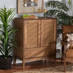 Baxton Studio Ramiel Mid-Century Modern Ash Walnut Finished Wood And Rattan 1-Drawer Sideboard - Natural Brown, Gold -Gourmet Interiors eacaef29 1ecc 4a54 981f 8a320d840a9d