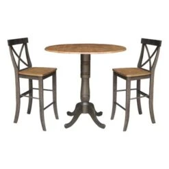 42 In. Round Dual Drop Leaf Bar Height Dining Table With 2 X-back Stools - 3 Piece Set - Washed Gray Taupe -Gourmet Interiors eb6dba82 6213 4907 9fee da9c5c8b0027