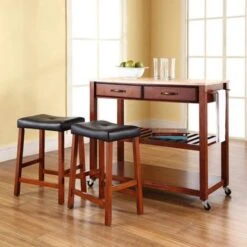Cherry Wood Kitchen Cart/Island With Cherry 24-inch Upholstered Saddle Stools - Kitchen Cart - Wood - Cherry 9 Cherry Wood Kitchen Cart/Island With Cherry 24-inch Upholstered Saddle Stools - Kitchen Cart - Wood - Cherry -Gourmet Interiors ec4341f3 83c2 4558 af13 f13857fe3afa
