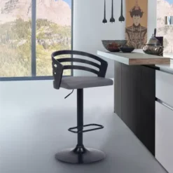 Adele Adjustable Height Swivel Grey Faux Leather And Black Wood Bar Stool With Black Base -Gourmet Interiors ecdaa7d8 72ee 4107 9616 a03914217a08
