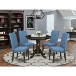 5Pc Small Round Dining Set - A Table And 4 Kitchen Chairs Upholstered With Linen Fabric (Finish Options Available) - ANBA5-CAP-21