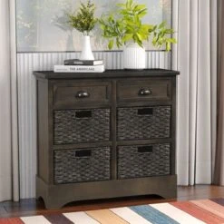 Rustic Storage Cabinet With Two Drawers And Four Classic Rattan Basket - Grey -Gourmet Interiors efc1f08d b550 4837 9ae4 e5a99c947909