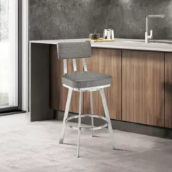 Jinab Swivel Bar Stool In Brushed Stainless Steel With Grey Faux Leather