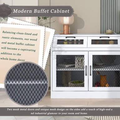 Nestfair Sideboard Multifunctional Buffet Cabinet With 4 Drawers And Adjustable Shelves - White 6 Nestfair Sideboard Multifunctional Buffet Cabinet With 4 Drawers And Adjustable Shelves - White - Image 4