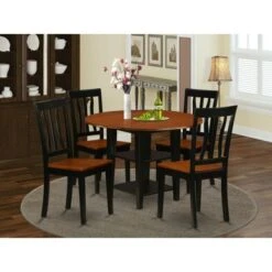 Sudbury Dining Set - A Round Kitchen Table And Dinette Chairs - Black And Cherry Finish (Pieces & Seat Type Options) - SUAN5-BCH-W