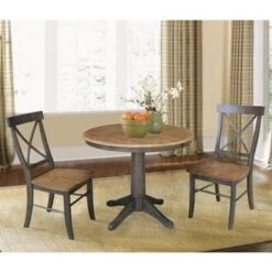 36" Round Solid Wood Extension Dining Table With 2 X-Back Dining Chairs - N/A - Hickory/Washed Coal