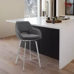 Aura Gray Faux Leather And Brushed Stainless Steel Swivel 30" Bar Stool -Gourmet Interiors f96598a7 9114 4e39 b3da 093eca125940