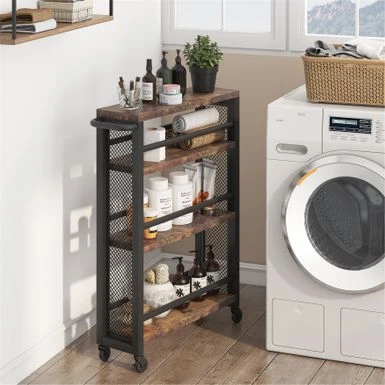 Lee Brown Narrow Rolling Kitchen Storage Cart With Wheels, 4 Tiers Slim Serving Trolley Utility Carts With Handle For Small Space - Brown 5 Lee Brown Narrow Rolling Kitchen Storage Cart With Wheels, 4 Tiers Slim Serving Trolley Utility Carts With Handle For Small Space - Brown - Image 3