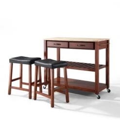 Cherry Wood Kitchen Cart/Island With Cherry 24-inch Upholstered Saddle Stools - Kitchen Cart - Wood - Cherry 12 Cherry Wood Kitchen Cart/Island With Cherry 24-inch Upholstered Saddle Stools - Kitchen Cart - Wood - Cherry -Gourmet Interiors fcf24b28 6ea9 4fef 918d 65871587afc0