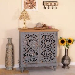 PHI VILLA 2-door Intricate Traditional Antique Storage Cabinet - Grey -Gourmet Interiors fd778124 0e53 4e8d b83f 86c94fbb8052