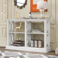 Console Table With 3-Tier Open Storage Spaces And "X" Legs - White