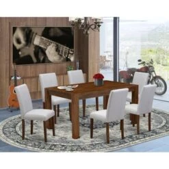 Modern Dining Table Set - Dining Chairs With Fabric Seat & Wood Dining Table - Antique Walnut Finish (Pieces Options) - CNAB7-N8-05